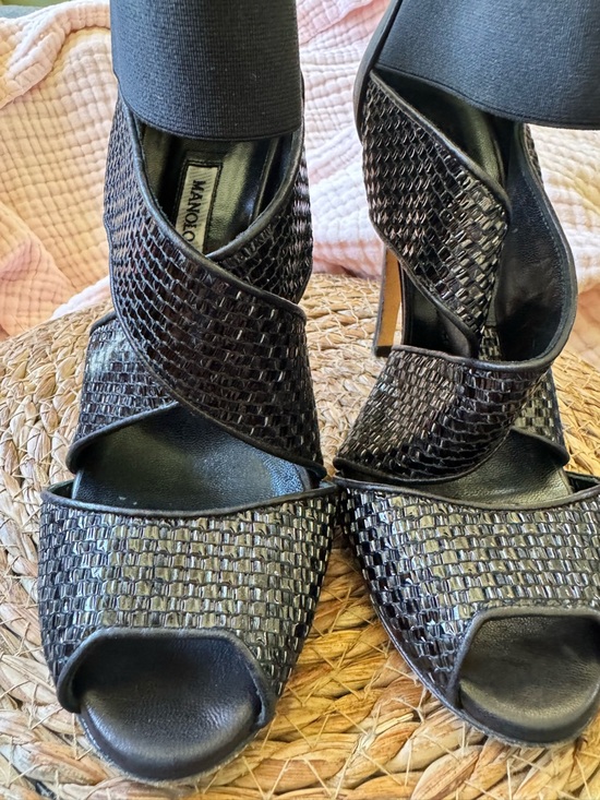 Manolo Blahnik Shoes - Manolo Blahnik Black Woven Leather Crisscross Peep-Toe Heels